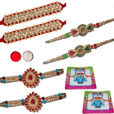 "Zardosi Rakhi - ZR-5450 A (2 Rakhis), Rakhi - SR-9040 A (2 Rakhis), Rakhi - SR-9100A (2 Rakhis), RAKHI - KID-7180 A-CODE 055 (2 Rakhis) - Click here to View more details about this Product